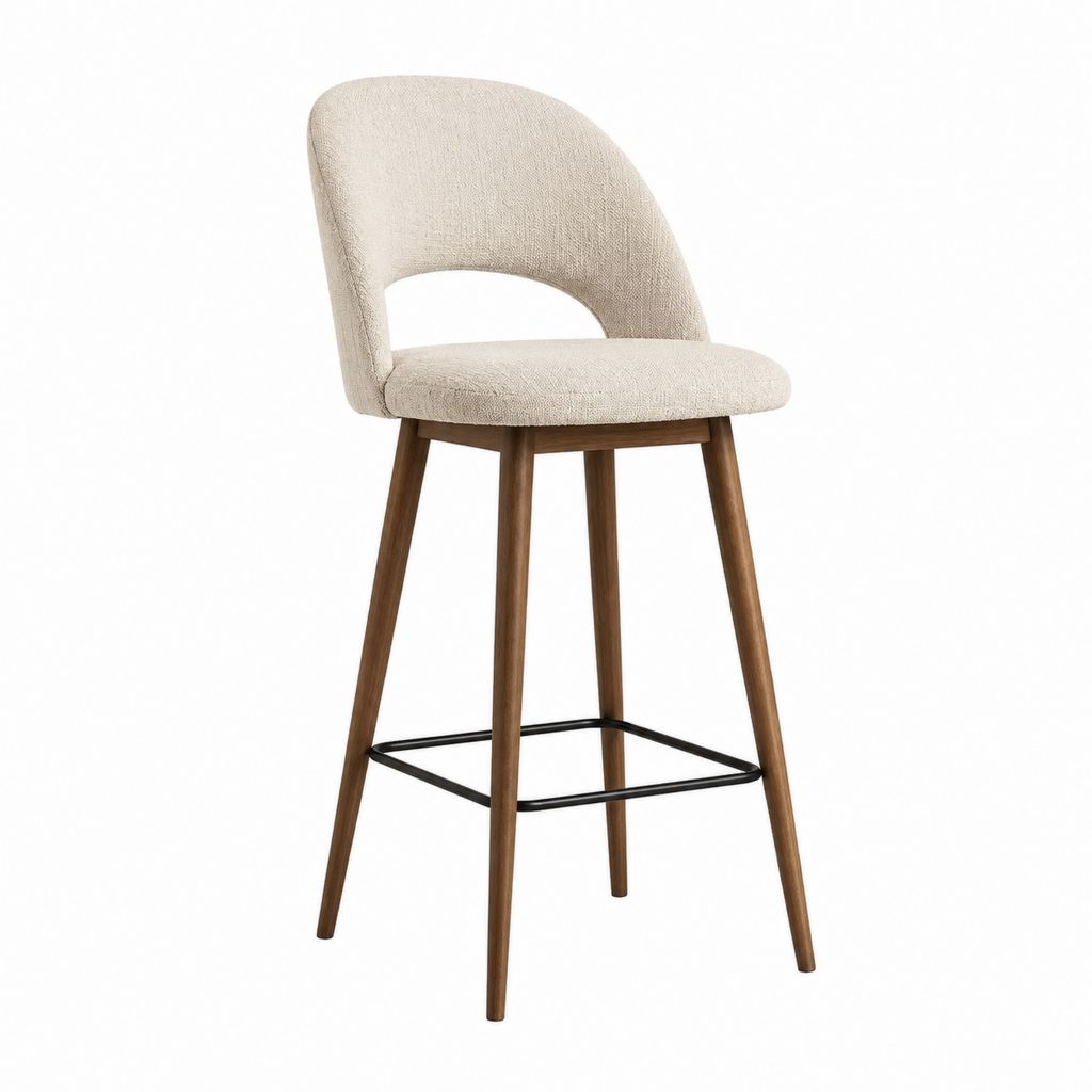 Barhocker Beige mit Polyesterbezug Massivholzgestell Stahlfußstütze und gebogener Rückenlehne 50 x 53 x 100 cm