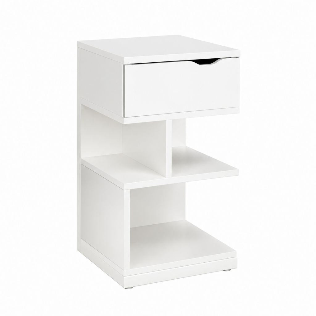 Nachttisch Weiß aus melaminharzbeschichteter Spanplatte mit Schublade und 2 Ablagen 40 x 35 x 60 cm