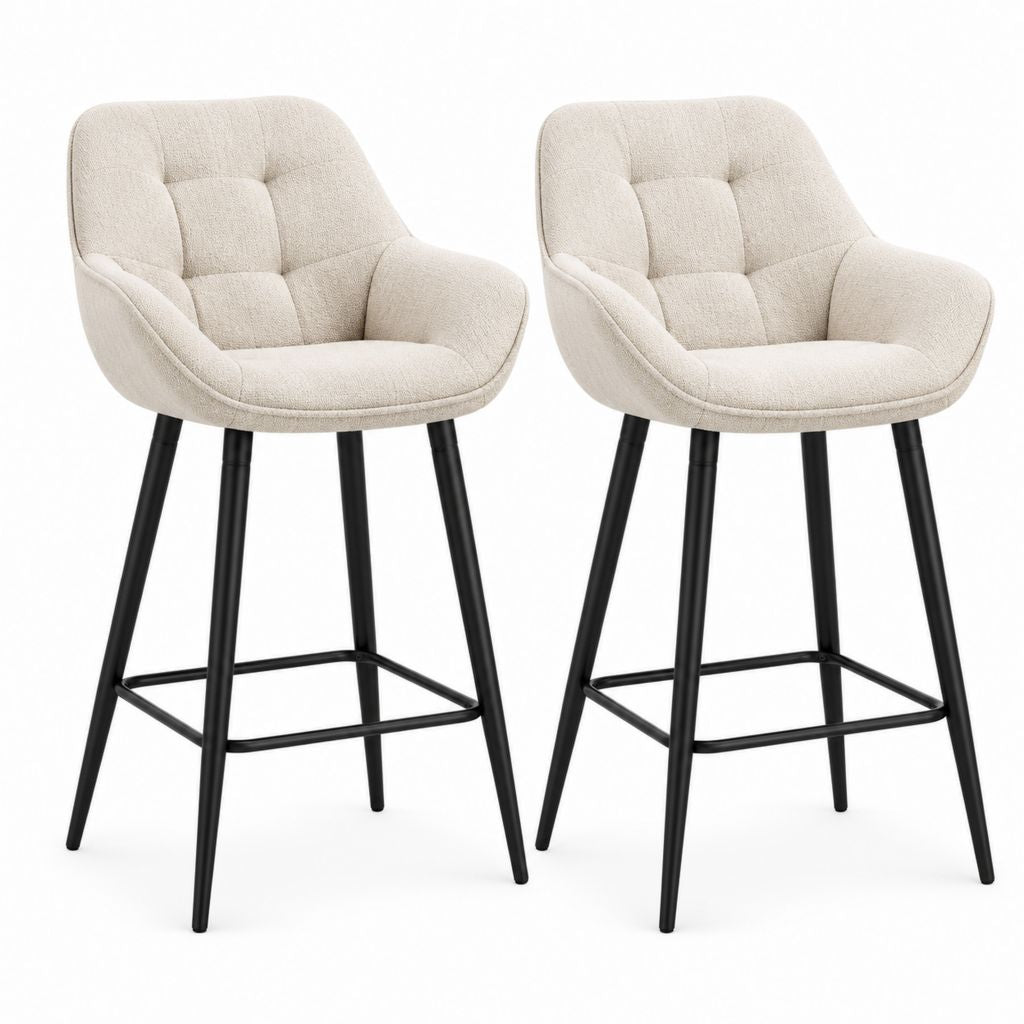 2er Set Barhocker mit Rückenlehne Creme Polyester-Bouclé Stahlgestell 50 x 55 x 96 cm