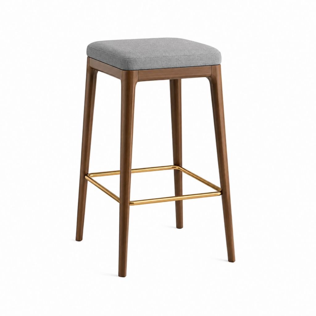 Barhocker mit grauem Polyester-Polstersitz und Holzgestell in Walnussoptik 45 x 45 x 76 cm