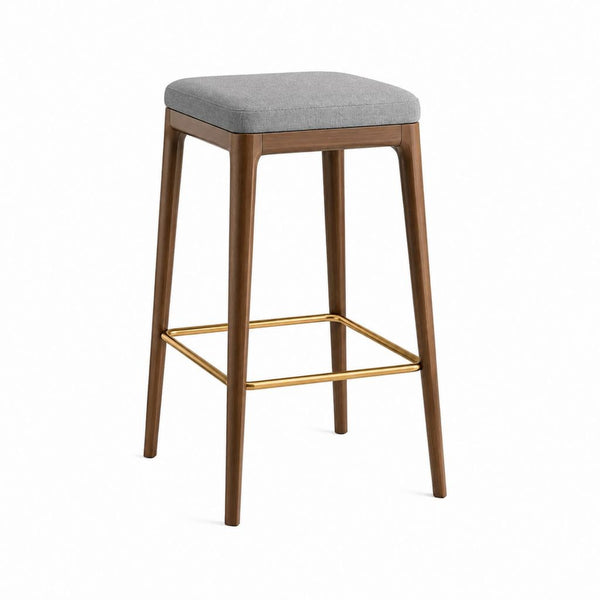 Barhocker mit grauem Polyester-Polstersitz und Holzgestell in Walnussoptik 45 x 45 x 76 cm